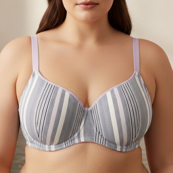 Women’s Back Smoother Lined Wired White Blue Purple Stripes Bra Size 36 C Comfy - Picture 1 of 9